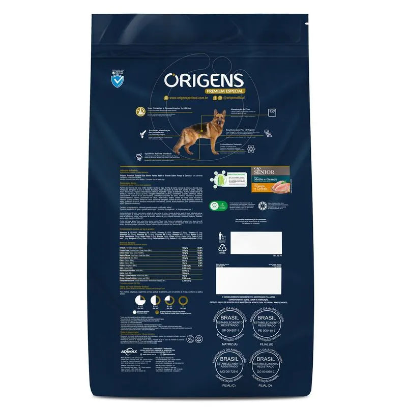 Ração Seca Light Origens Para Cães Sênior de Porte Grande Sabor  Frango - 3Kg