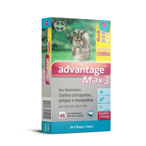 Antipulgas e Carrapatos Bayer Advantage Max3 para Cães de 4 a 10 Kg 1,0 mL 3 Bisnagas