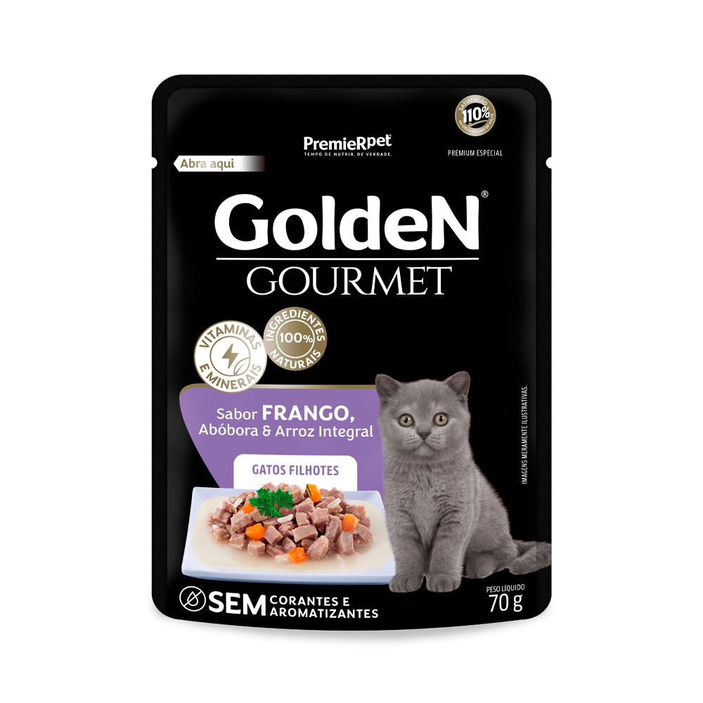 Ração Úmida Golden Gourmet para Gatos Filhotes Sabor Frango, Abóbora e Arroz Integral 70 g