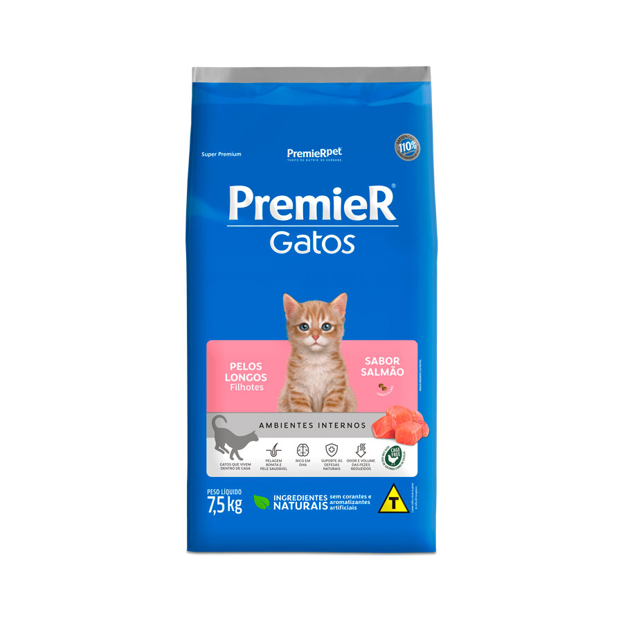 Ração PremieR para Gatos Ambientes Internos Filhotes Pelos Longos Sabor Salmão