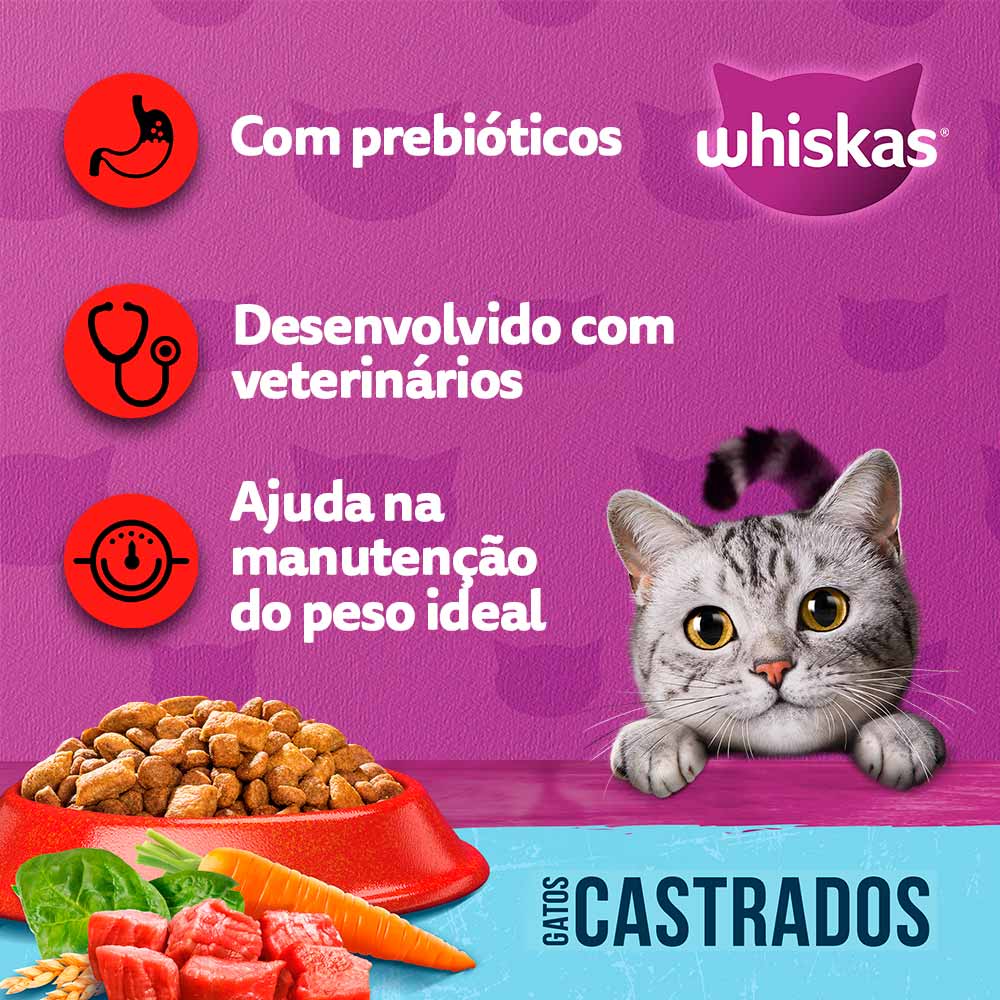 Ração Whiskas para Gatos Adultos Castrados Sabor Carne 900G
