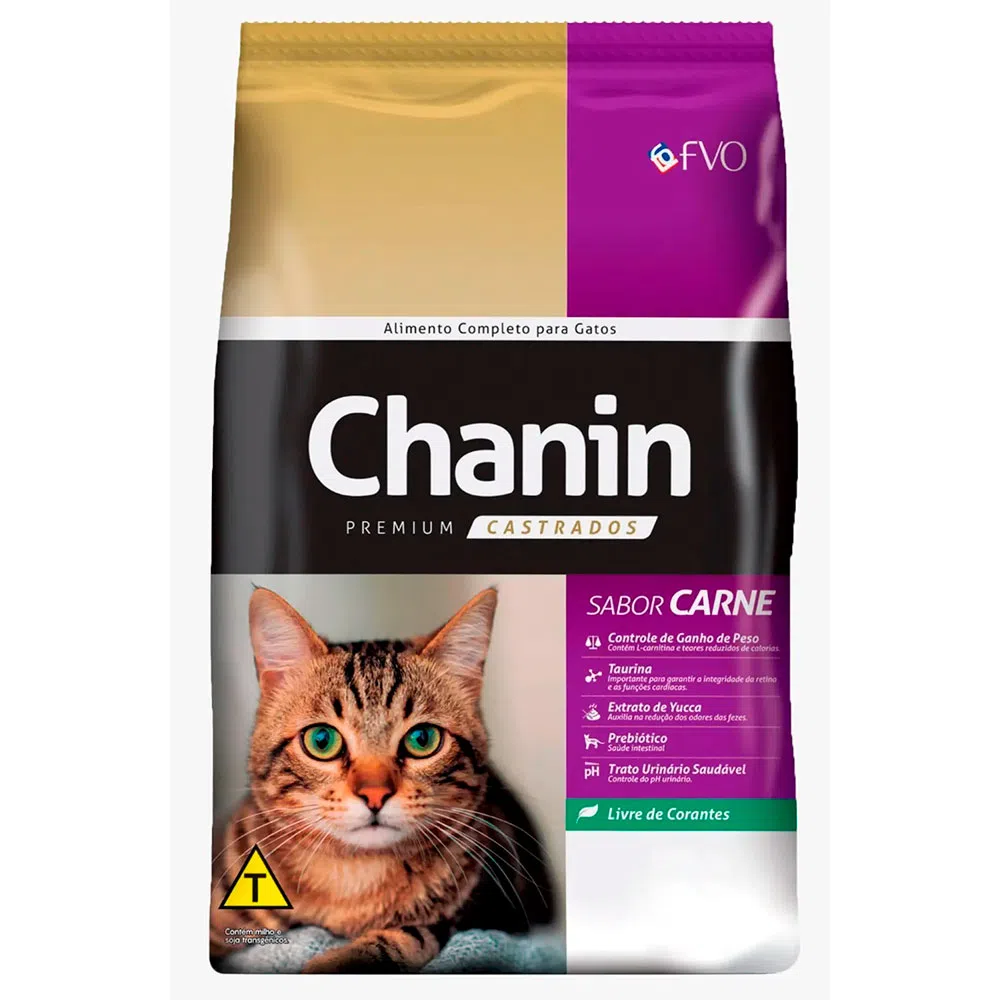 Ração Seca Chanin para Gatos Adultos Castrados Sabor Carne